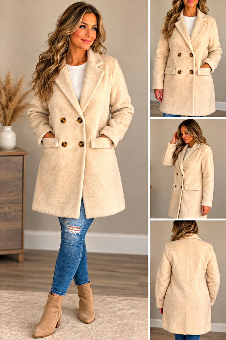 Glamorous Women’s S Cream Wool Blend Double Breasted Long Coat Jacket